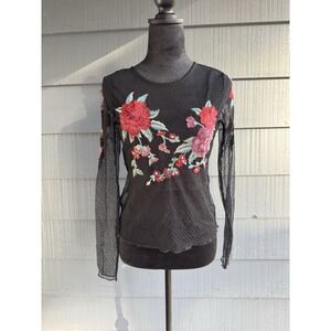 American Eagle Outfitters Y2K Mesh Sheer Black Floral Long Sleeve Top Size Small
